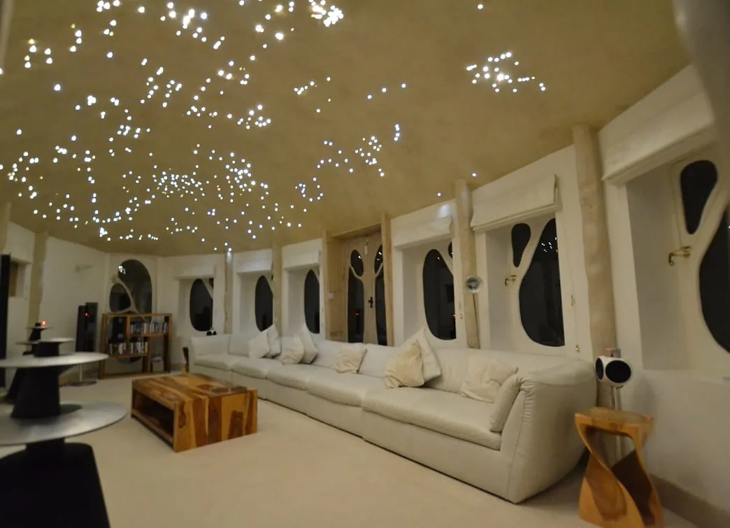 The fibre-optic star ceiling of the cinema pod